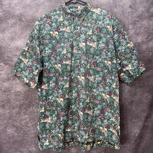 Hilo Hattie Reverse Print Hawaiian Polo Shirt Mens XL Green Floral Half Button